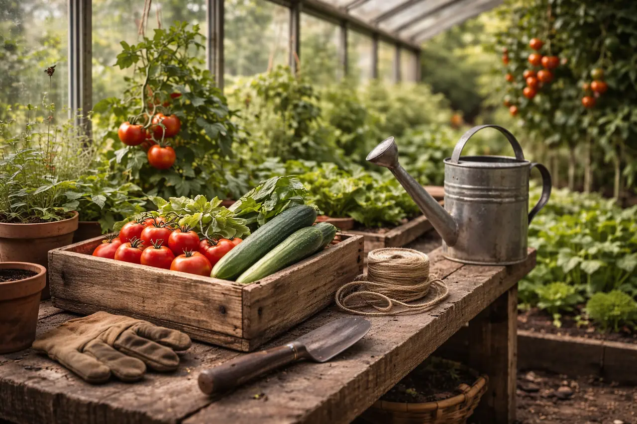 Drivhus med planter i blødt lys