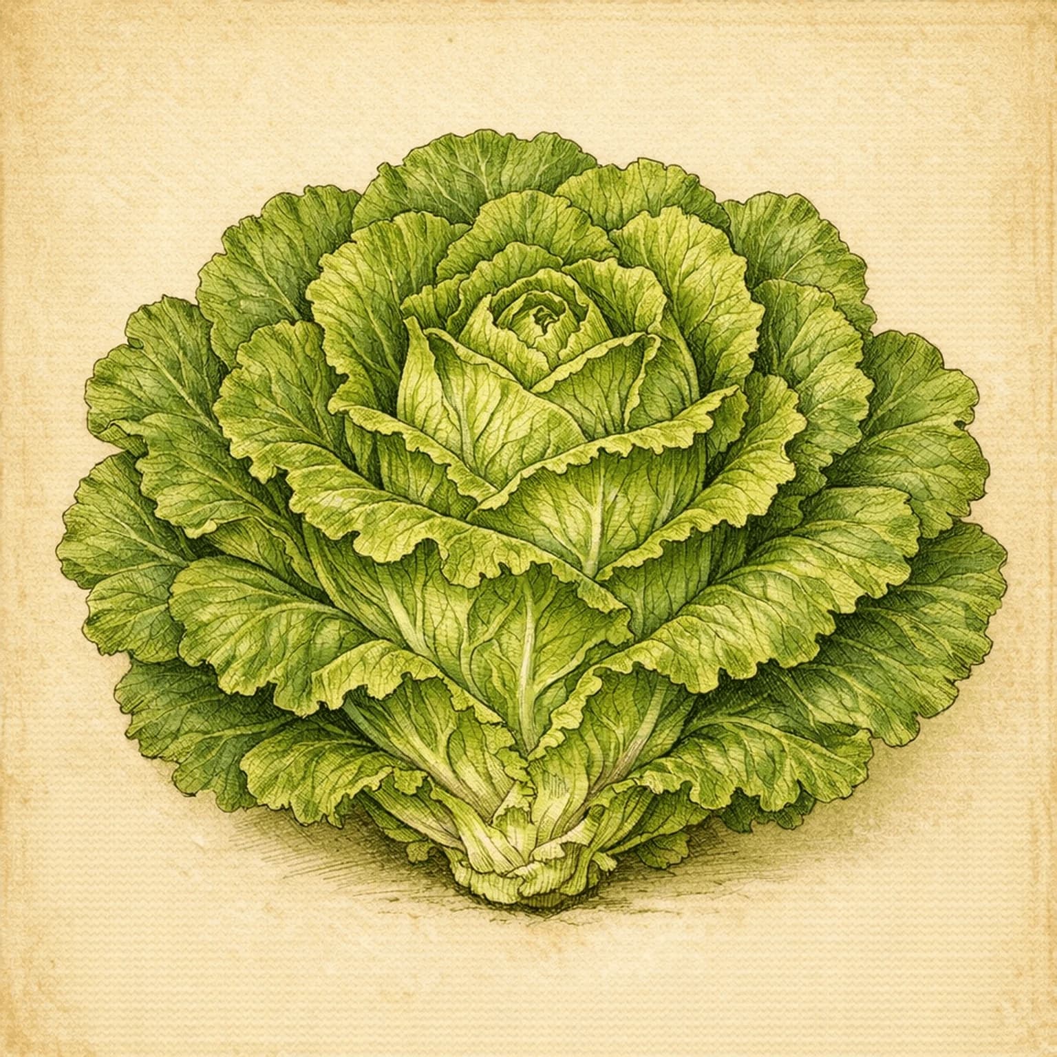 Botanisk illustration af en salatplante med løse, bølgede grønne blade — en af de nemmeste afgrøder for begyndere i køkkenhaven.