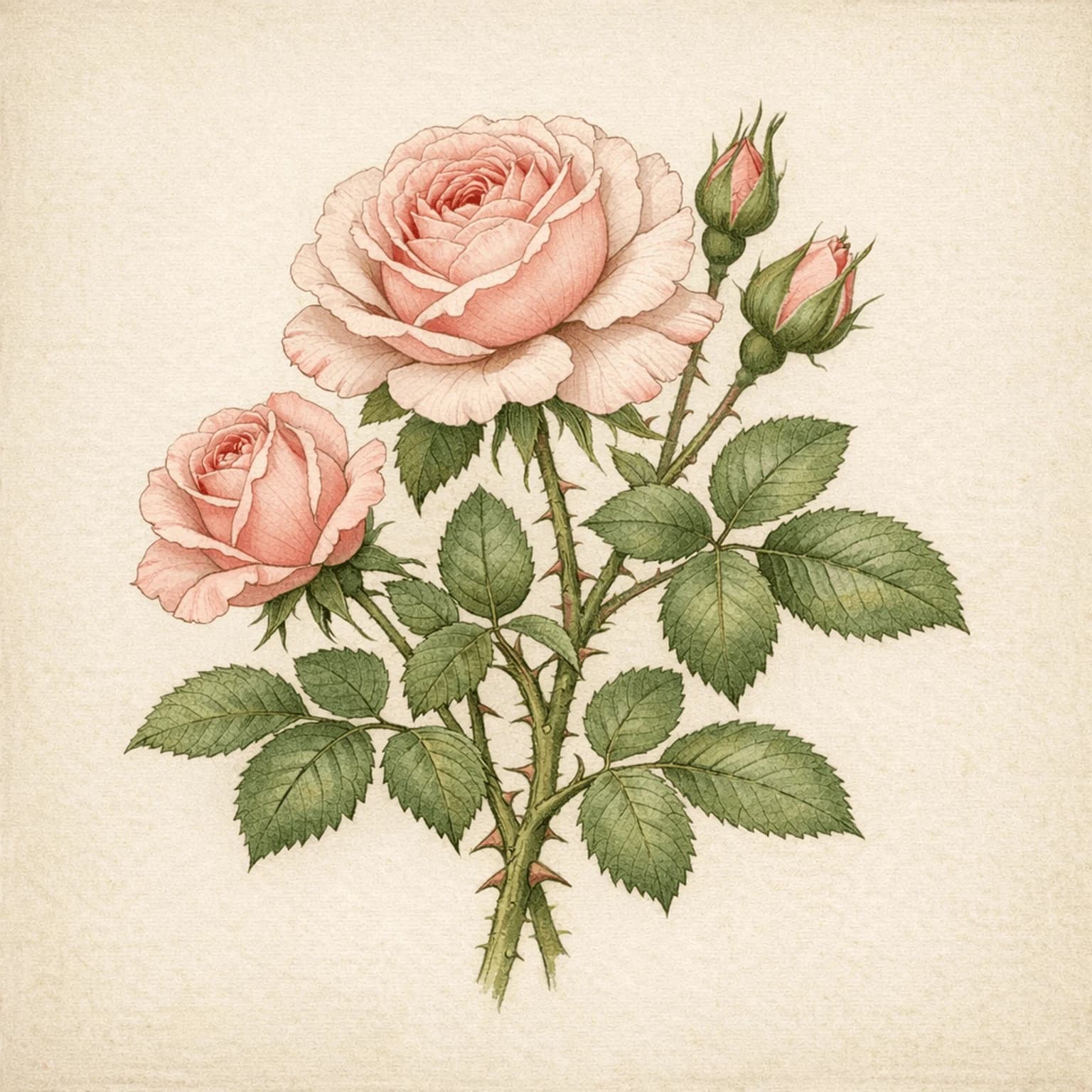 Botanisk illustration af en rose med lyserøde blomster og grønne blade — roser er en af de planter, der oftest angribes af bladlus.