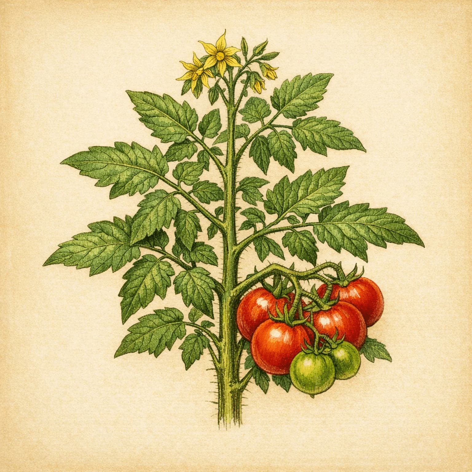 Botanisk illustration af en tomatplante (Solanum lycopersicum) med modne røde tomater, gule blomster og grønne savtakkede blade.