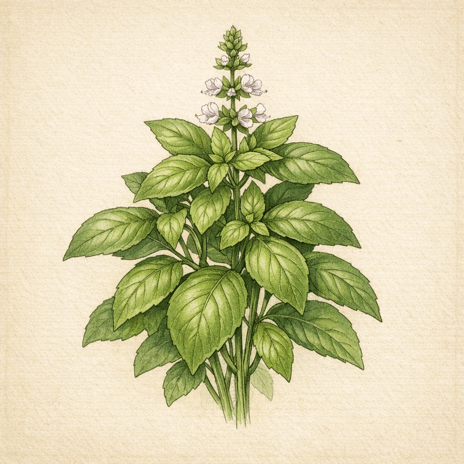 Botanisk illustration af en basilikumplante med frodige, ovale grønne blade.