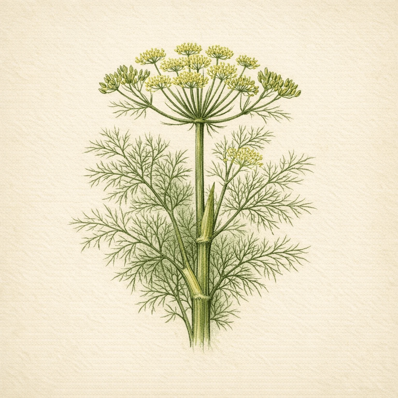 Botanisk illustration af dild med fine, fjerformede grønne blade og gule skærmblomster.