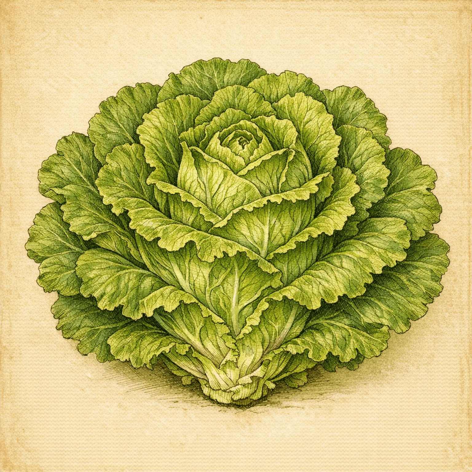 Botanisk illustration af en salatplante med løse, bølgede grønne blade.