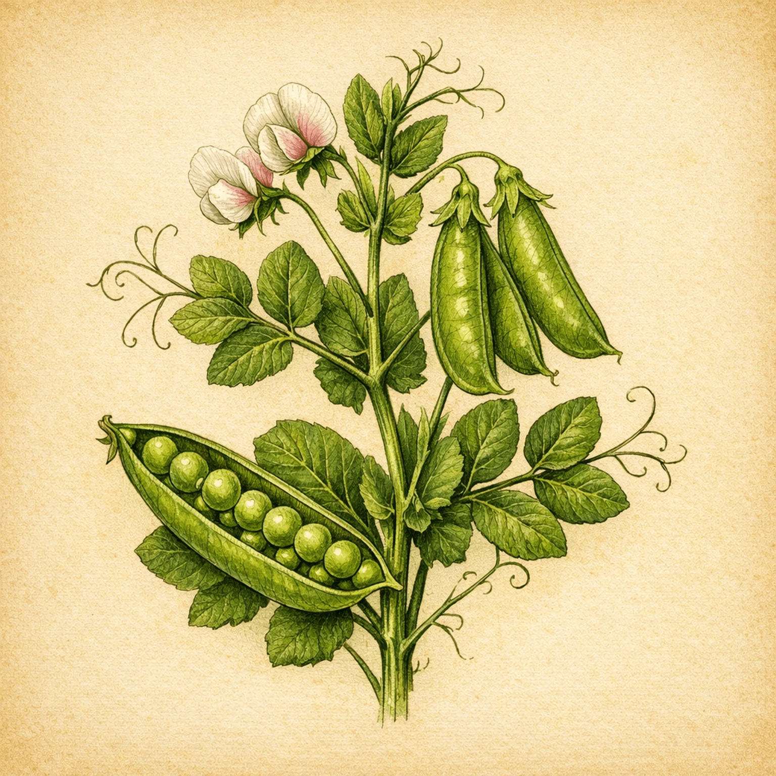 Botanisk illustration af en buskbønneplante med grønne bælge og hvide blomster.
