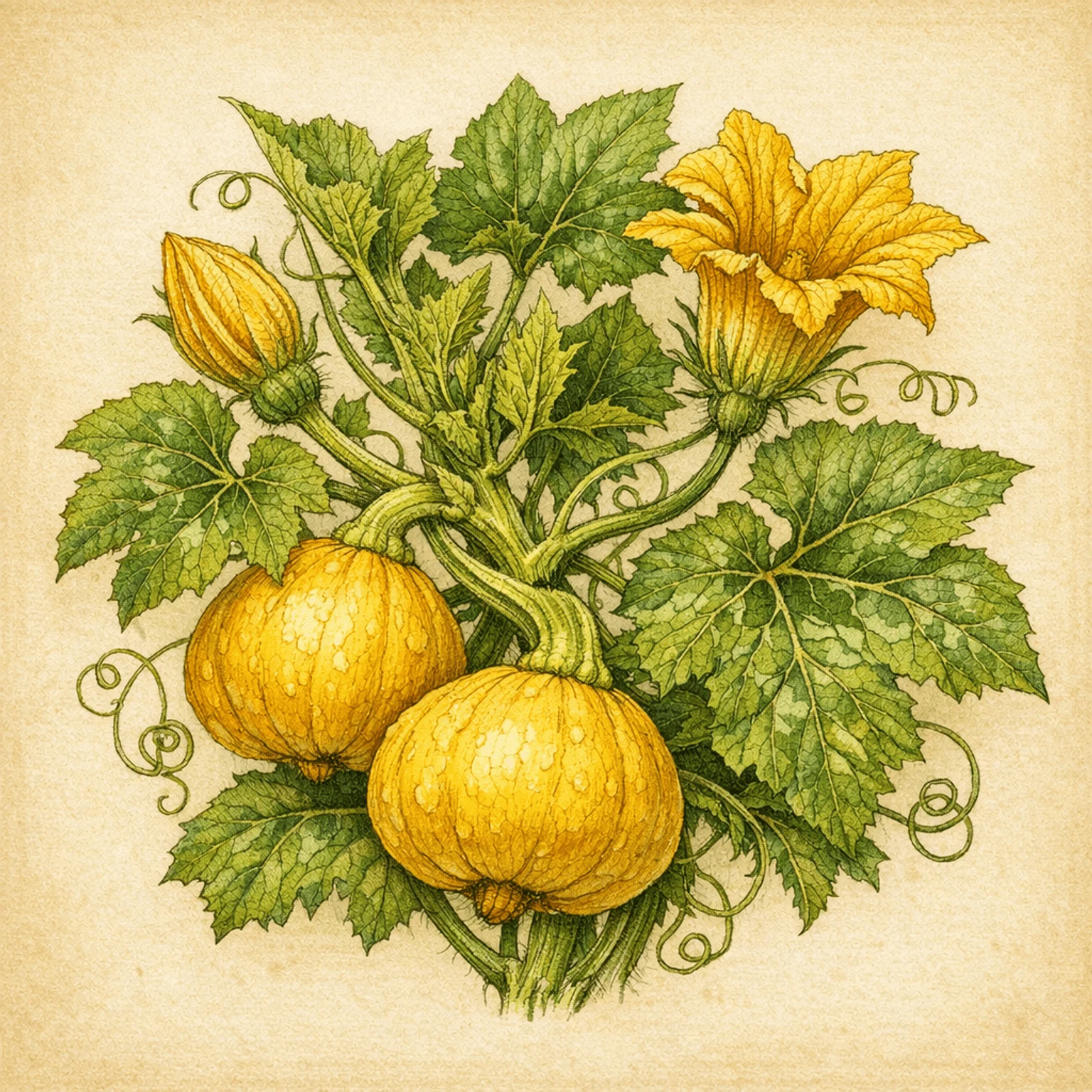 Botanisk illustration af en squashplante med store blade, gul blomst og grøn frugt.