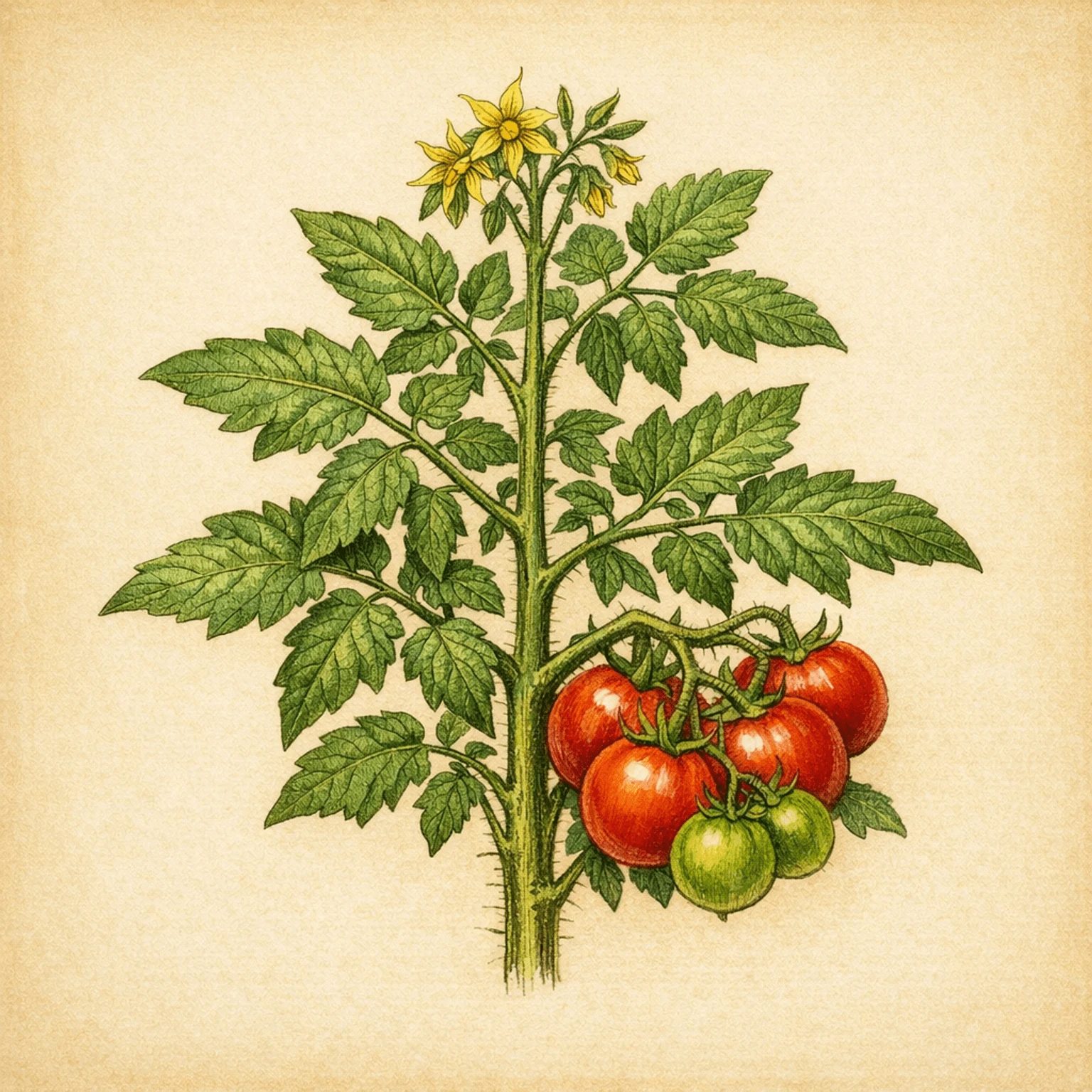 Botanisk illustration af tomatplantens udvikling fra frøplante med kimblade til ungplante med ægte blade.